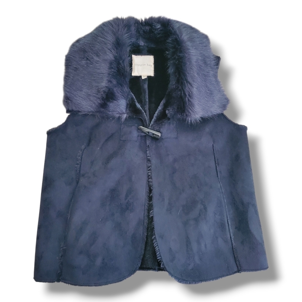 Copper Key Dillard's Exclusive Navy Blue faux Suede & Fur Girls Vest Size 10/12